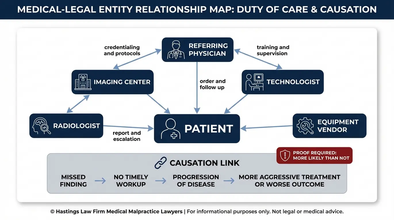 Diagrama de relaciones entre entidades utilizado por un abogado especializado en negligencia médica en mamografías de Arizona, en el que se ilustran las posibles partes responsables en un caso de diagnóstico tardío de cáncer de mama, incluyendo al radiólogo, el centro de diagnóstico por imágenes, el médico remitente, el técnico y la cadena de causalidad.