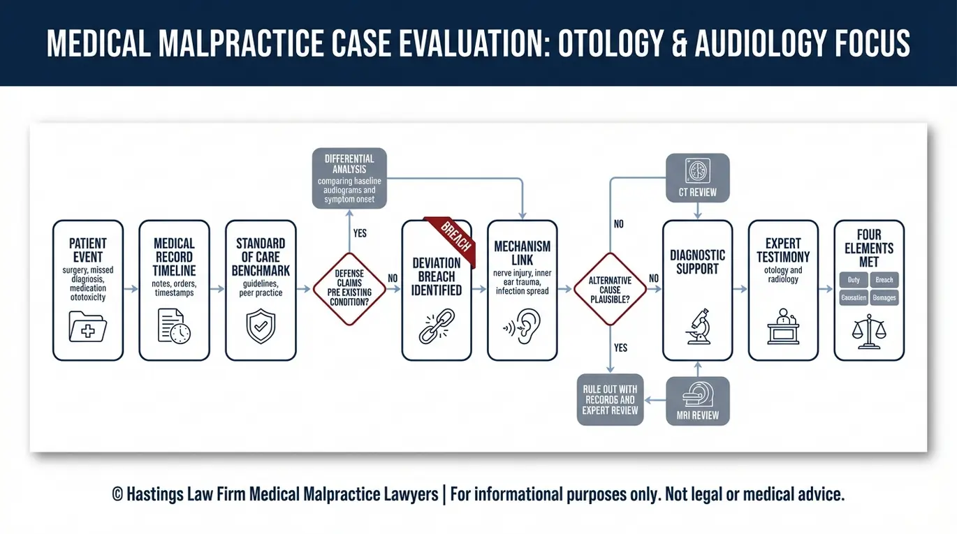 Diagrama de flujo del proceso que muestra cómo un abogado especializado en negligencias de otólogos Texas prueba el incumplimiento del deber, la causa próxima y los daños mediante la revisión de imágenes de registros y el testimonio de expertos.