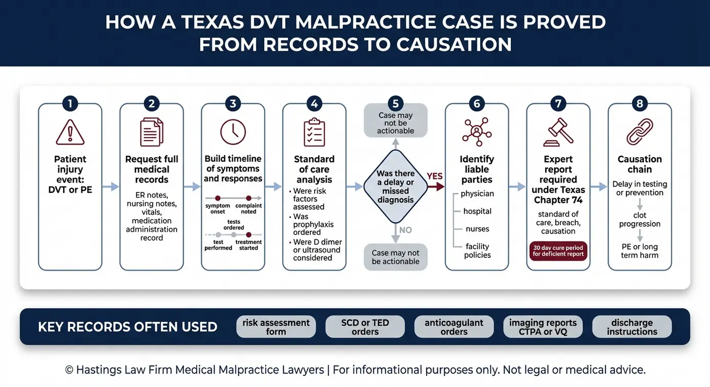 Diagrama de flujo que muestra cómo se determinan las pruebas, los informes periciales y la relación de causalidad en una demanda por negligencia médica relacionada con una trombosis venosa profunda (TVP) en el marco del modelo Texas, por un diagnóstico erróneo de coágulo sanguíneo.