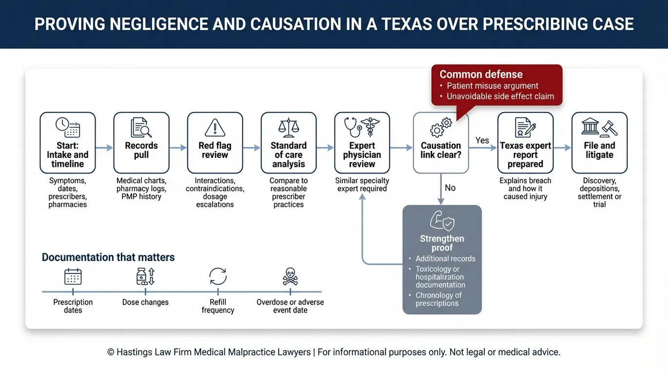 Process flowchart showing how a Fort Worth Over Prescribing of Medication Lawyer proves negligence and causation using records review standard of care analysis expert report and litigation steps.