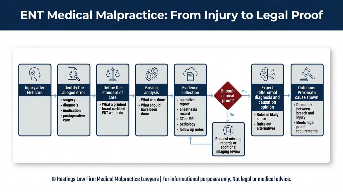 Diagrama de flujo del proceso que utiliza un abogado especializado en negligencia médica en otorrinolaringología (Texas) para demostrar la causa inmediata en casos de negligencia médica en otorrinolaringología mediante la recopilación de pruebas sobre el incumplimiento del estándar de atención y el testimonio de peritos.
