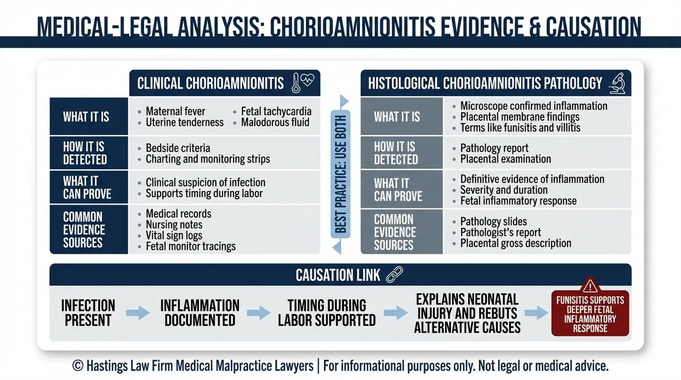 Tabla comparativa de casos de abogados especializados en corioamnionitis no tratada en Arizona, en la que se contrastan el diagnóstico clínico con los hallazgos histológicos de la patología placentaria —como la funisitis y la vilitis— y se establece una cadena de causalidad que vincula el momento de la infección con la lesión cerebral neonatal.