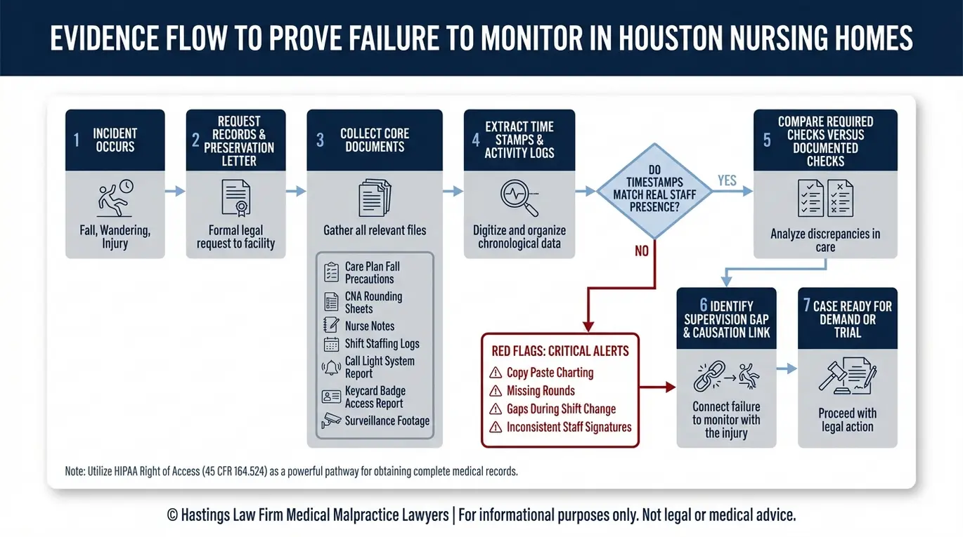 Process flowchart outlining how a Houston Nursing Home Supervision Lawyer proves failure to monitor using care plans shift logs call light reports keycard data and video timelines.