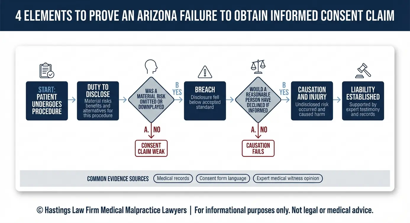 Process flowchart for an Arizona Failure to Obtain Informed Consent Lawyer overview showing duty breach causation and injury steps with decision points about omitted risk and whether a reasonable person would have declined.