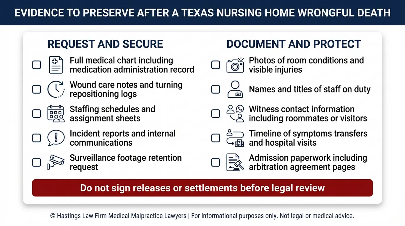 Checklist of records footage witnesses and documents to preserve for a Texas Nursing Home Wrongful Death Lawyer investigation after a nursing home death.