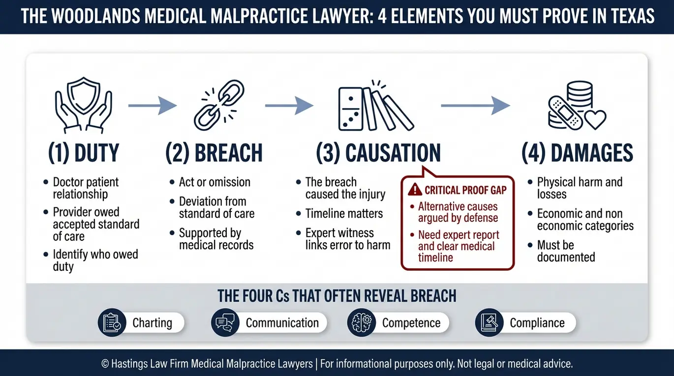 Flowchart showing duty breach causation and damages that a The Woodlands medical malpractice lawyer must prove in Texas negligence cases.