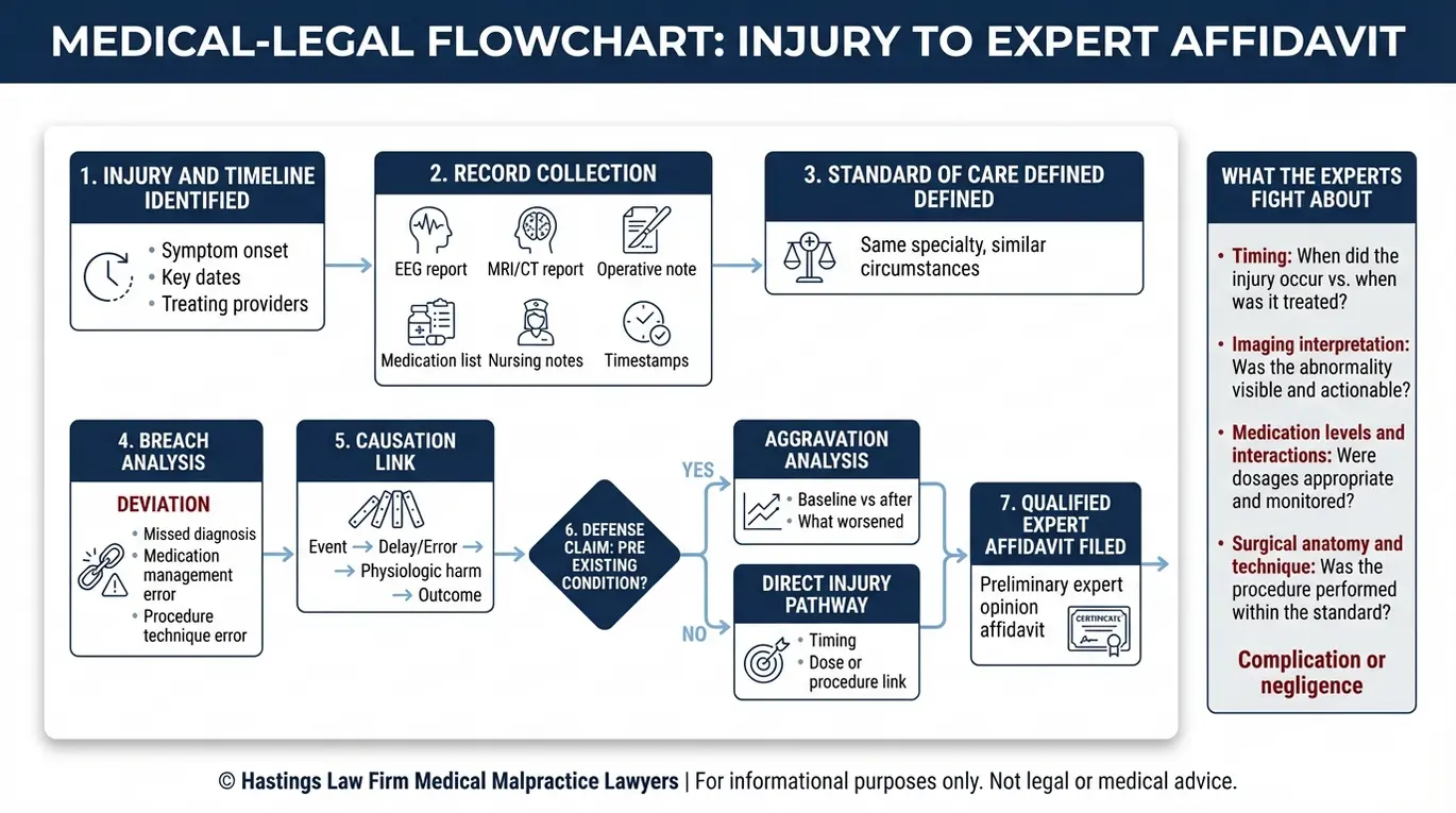 Process flowchart showing how an Arizona Neurologist Malpractice Lawyer proves standard of care breach causation and the required expert affidavit in a neurology malpractice claim.