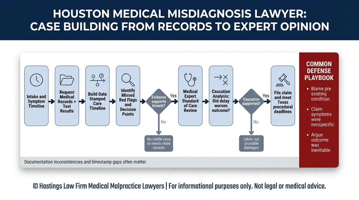 Diagrama de flujo del proceso que muestra cómo un abogado de Houston Medical Misdiagnosis construye prueba de responsabilidad utilizando los registros médicos, la reconstrucción de la línea de tiempo, la revisión de expertos estándar de atención, y los puntos de decisión de causalidad.