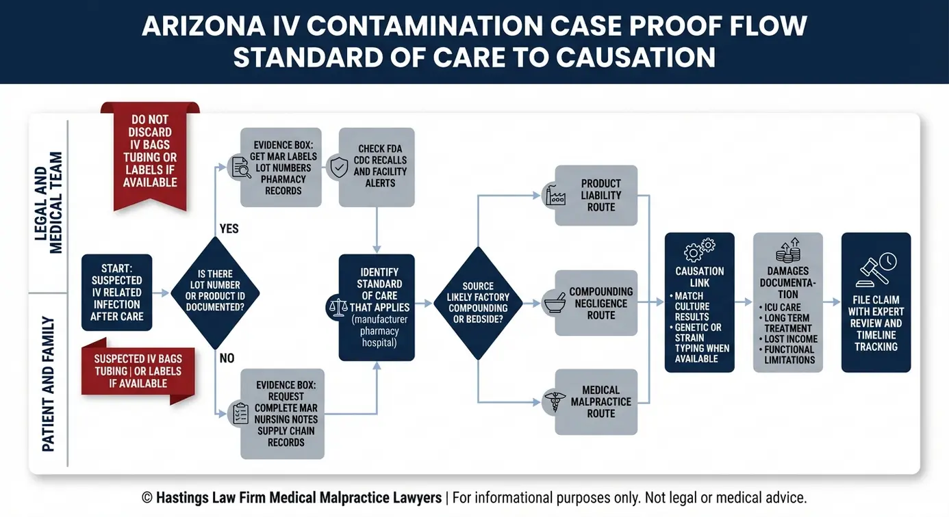 Process flowchart outlining how an Arizona IV Fluid Contamination Lawyer proves breach causation and damages using lot numbers medical records lab cultures and recall checks.