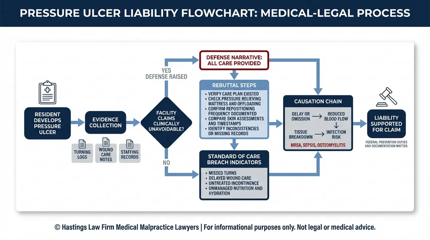 Process flowchart showing how Texas Nursing Home Bedsores Lawyers prove liability for decubitus ulcers by gathering records addressing clinically unavoidable defenses and linking breaches to infection outcomes.