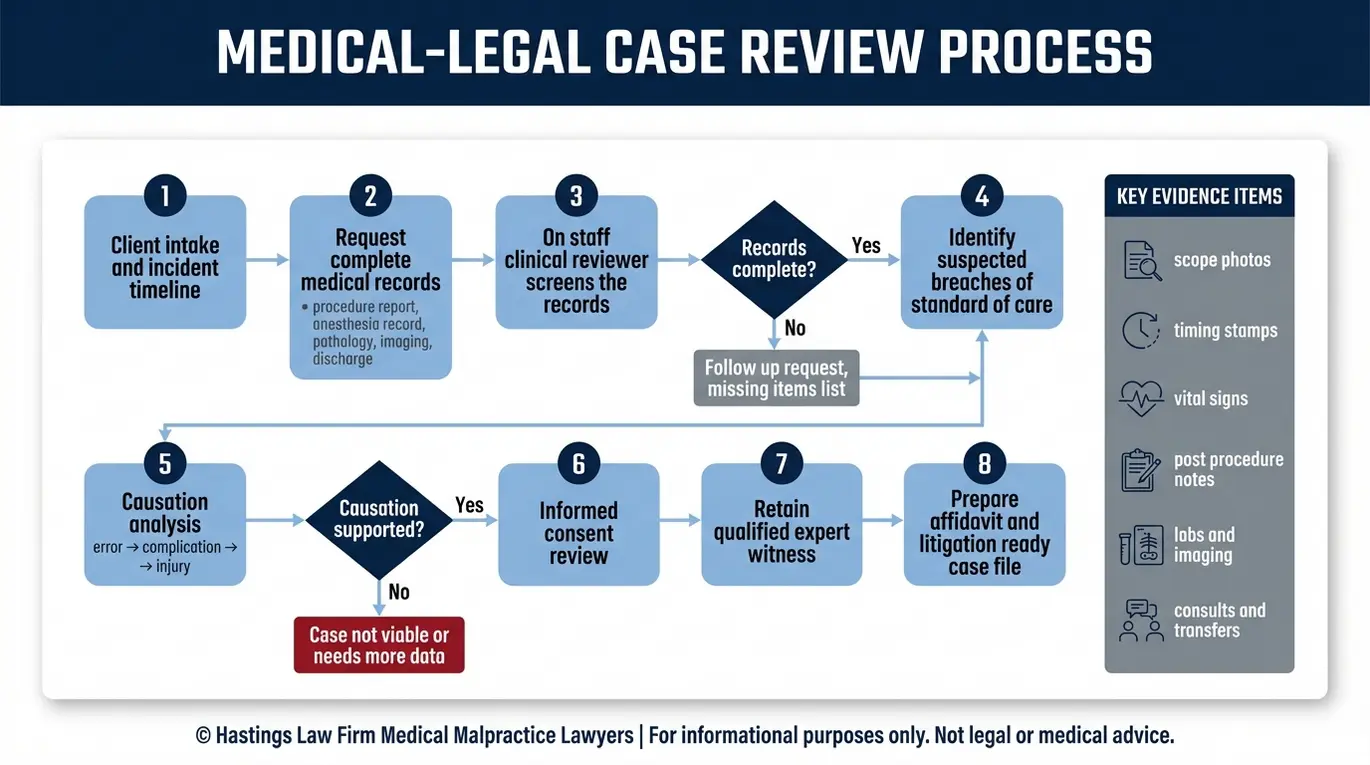 Diagrama de flujo de un proceso para un abogado especializado en negligencia médica de un gastroenterólogo de Arizona, que muestra la recopilación de historiales médicos, la revisión clínica, la identificación de incumplimientos, el análisis de causalidad, la revisión del consentimiento informado, la contratación de peritos y la preparación para el litigio.