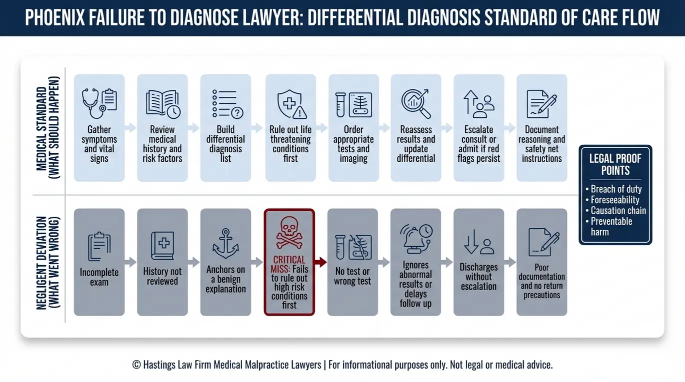 Diagrama de flujo que muestra los pasos del diagnóstico diferencial en comparación con las desviaciones por negligencia que utiliza un abogado especializado en casos de falta de diagnóstico de Phoenix para demostrar el incumplimiento del estándar de atención y la relación de causalidad.