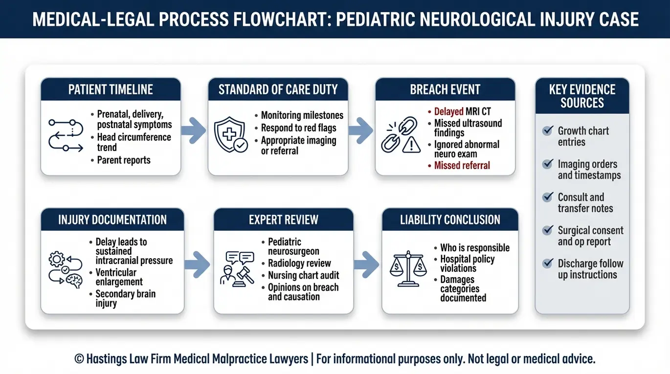 Diagrama de flujo que muestra cómo un abogado especializado en hidrocefalia pediátrica Texas demuestra la negligencia médica mediante pruebas de causalidad, documentos que demuestran el incumplimiento del estándar de atención y el dictamen de un perito.