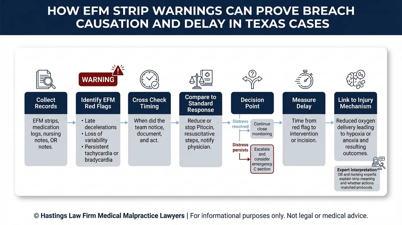 Process flowchart explaining how electronic fetal monitoring strips support a Texas Failed Induction of Labor Lawyer claim by connecting red flags to standard responses delays and hypoxia based injury causation.