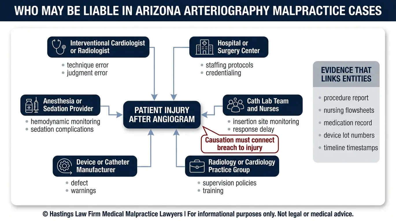 Entity relationship map of potential defendants and evidence pathways in an Arizona Arteriography Malpractice Lawyer claim involving angiography complications.