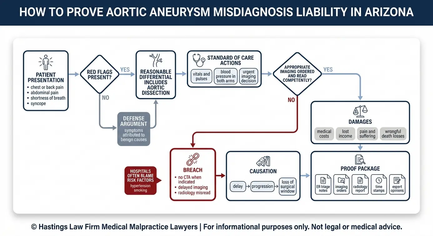 Diagrama de flujo que muestra cómo un abogado especializado en casos de diagnóstico erróneo de aneurismas aórticos en Arizona demuestra el incumplimiento del deber, la relación de causalidad y los daños y perjuicios a partir de pruebas extraídas de los expedientes médicos.