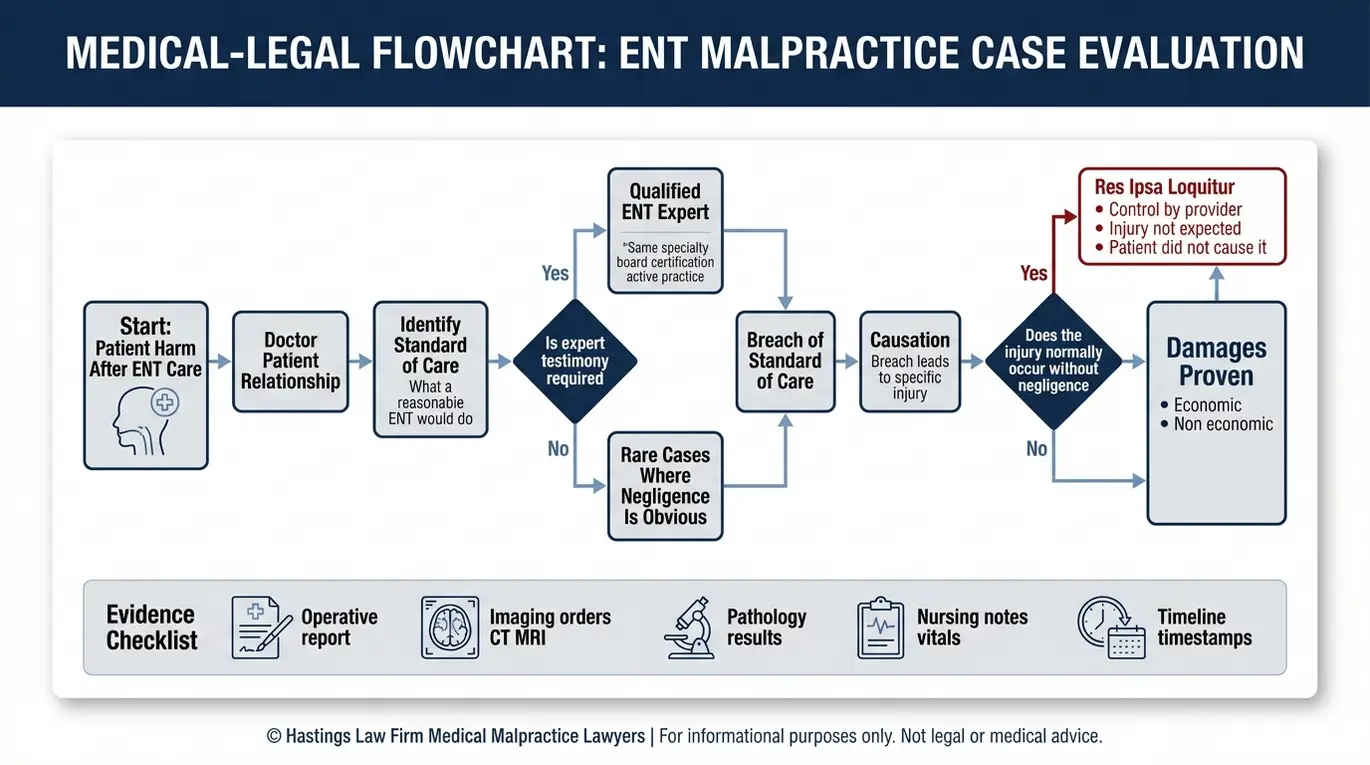 Diagrama de flujo que muestra cómo un abogado especializado en negligencia médica otorrinolaringológica de Arizona demuestra la responsabilidad por negligencia en el ámbito de la otorrinolaringología a través de la relación entre el estándar de atención, el testimonio de expertos, el incumplimiento, la causalidad, el principio de «res ipsa loquitur», los puntos de decisión y las pruebas de daños y perjuicios.