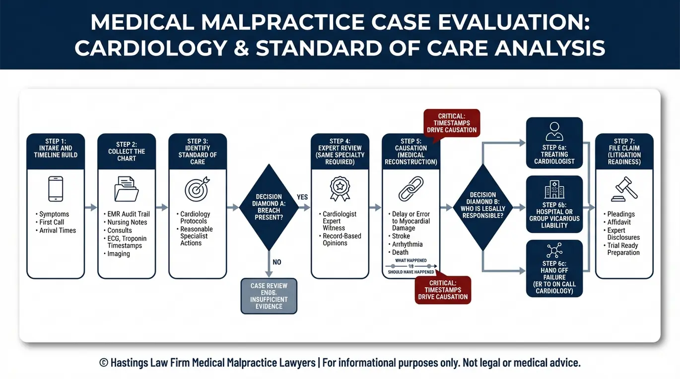 Diagrama de flujo para un abogado especializado en negligencia médica cardiológica de Arizona que muestra cómo se utilizan los expedientes médicos, el dictamen de un experto en cardiología, el incumplimiento, la reconstrucción de la causalidad y la responsabilidad subsidiaria para demostrar la responsabilidad en un litigio por negligencia médica cardiológica.