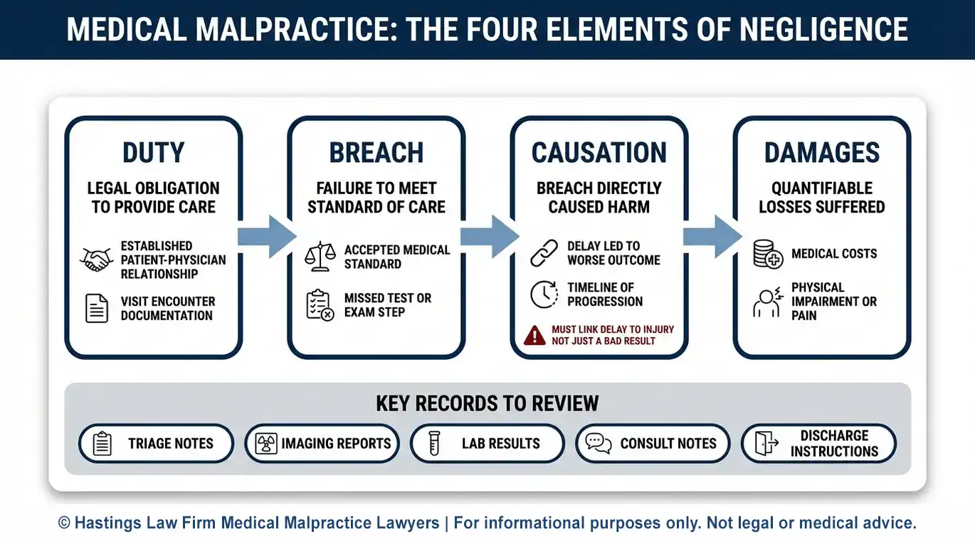 Diagrama de flujo que muestra cómo un abogado especializado en casos de falta de diagnóstico en Austin demuestra el incumplimiento del deber, la relación de causalidad y los daños y perjuicios mediante historiales médicos y testimonios de expertos.