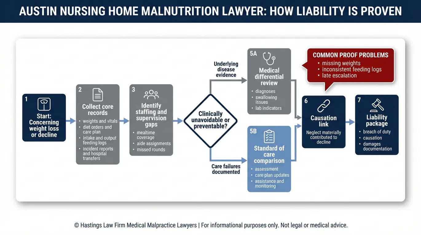Process flowchart showing how an Austin Nursing Home Malnutrition Lawyer proves liability using medical records staffing evidence standard of care comparison causation analysis and damages documentation.