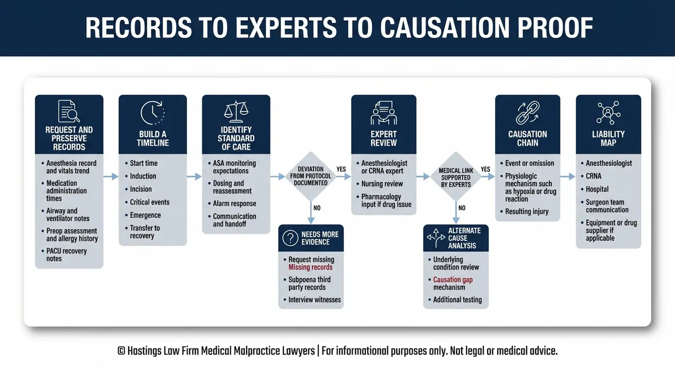 Process flowchart showing how a Phoenix Anesthesia Error Lawyer proves liability using medical records, a step by step timeline, expert review, causation analysis, and identification of all responsible parties.