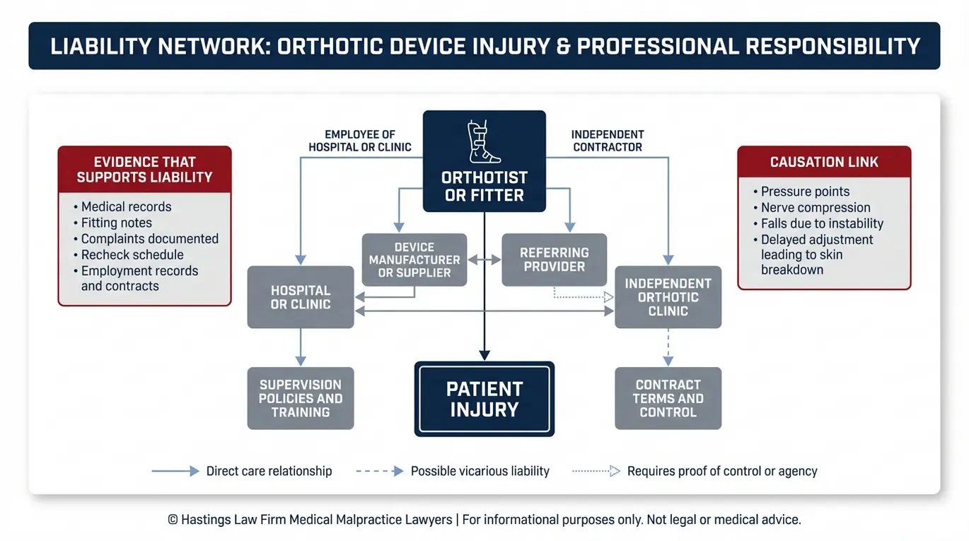 Entity relationship map showing orthotist employee versus independent contractor pathways and possible vicarious liability for a Texas Orthotist Malpractice Lawyer claim.