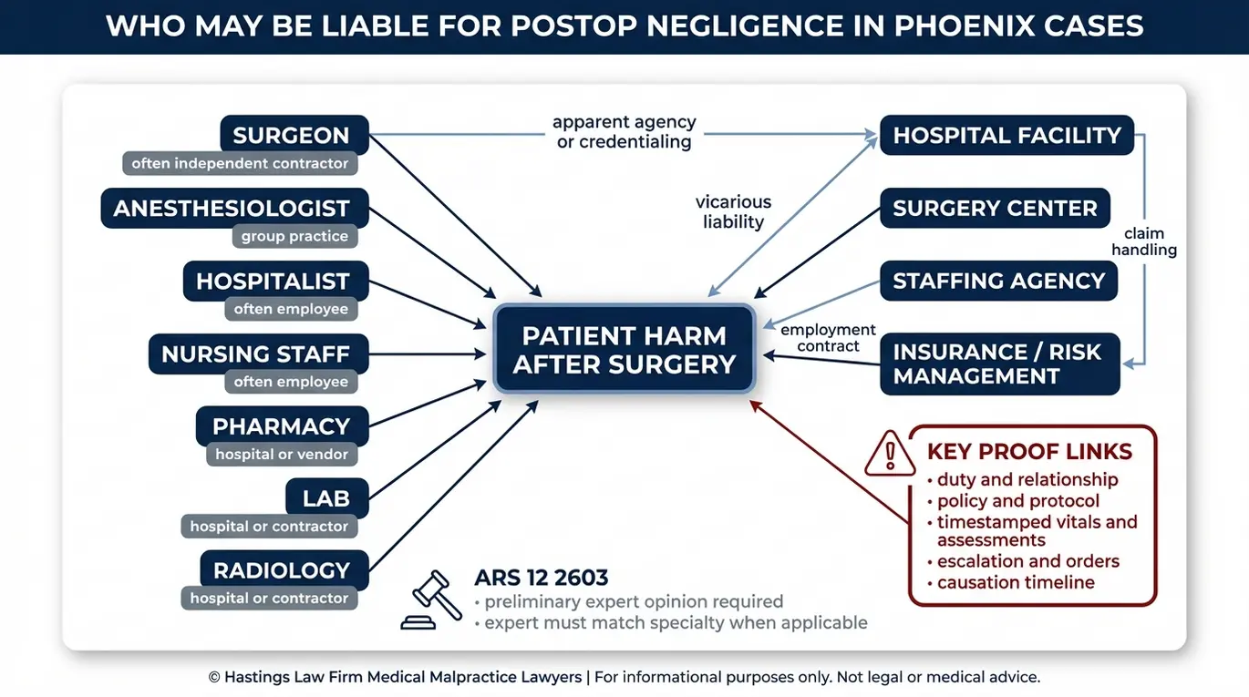 Entity relationship map of potential defendants and proof links used by a Phoenix Postoperative Malpractice Lawyer to analyze postoperative hospital and provider liability.