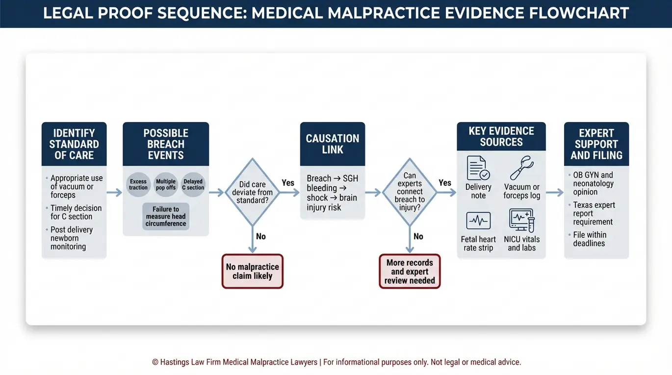 Process flowchart showing how a Texas Subgaleal Hemorrhage Lawyer proves standard of care breach causation and evidence using delivery records fetal monitoring NICU charts and expert testimony.