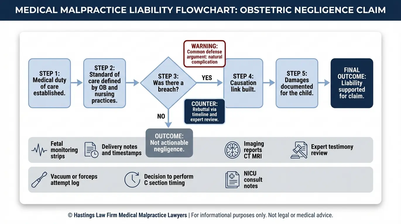 Process flowchart showing how medical malpractice liability is proven for a newborn subdural hemorrhage with duty breach causation damages and key medical records used by a Texas Birth Related Subdural Hemorrhage Lawyer.