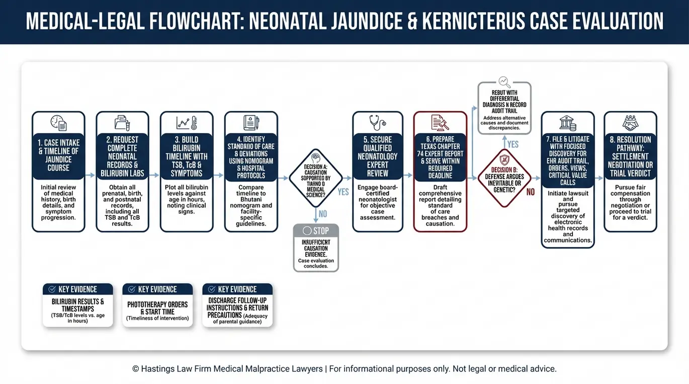 Diagrama de flujo que muestra los pasos para demostrar la responsabilidad y la causalidad en un caso de negligencia médica por kernicterus Texas, desde la revisión de los expedientes hasta el informe pericial del Capítulo 74 y el juicio, utilizado por un abogado especializado en negligencia médica por kernicterus Texas.