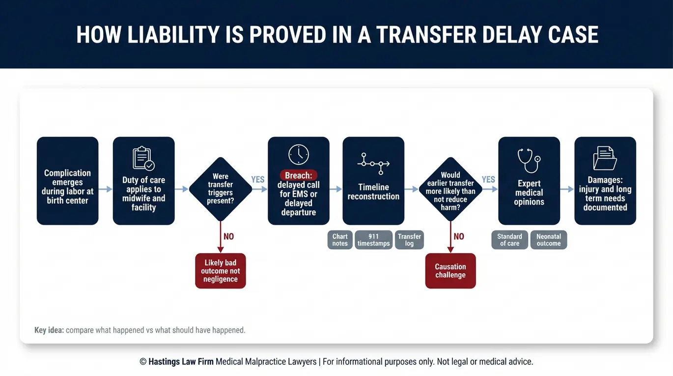 Process flowchart explaining how a Texas Birth Center Transfer Delay Lawyer proves duty, transfer trigger recognition, breach from delayed EMS call, causation with expert testimony, and documented damages.