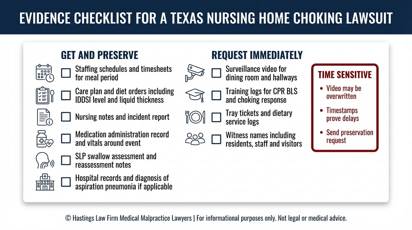 Lista de advertencia de pruebas sensibles al tiempo para preservar en un Texas Asilo de Ancianos Abogado demanda de asfixia incluyendo registros de personal de vigilancia de vídeo y órdenes de dieta.