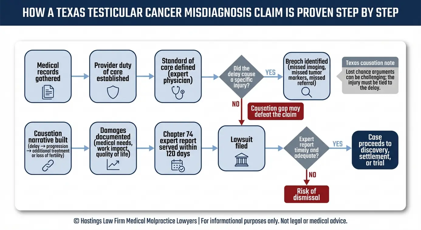 Diagrama de flujo que describe cómo un abogado especializado en casos de diagnóstico erróneo de cáncer testicular Texas demuestra el incumplimiento del deber, la causalidad y los daños y perjuicios, así como el plazo para presentar el informe pericial previsto en el Capítulo 74 en un caso de diagnóstico erróneo de cáncer.