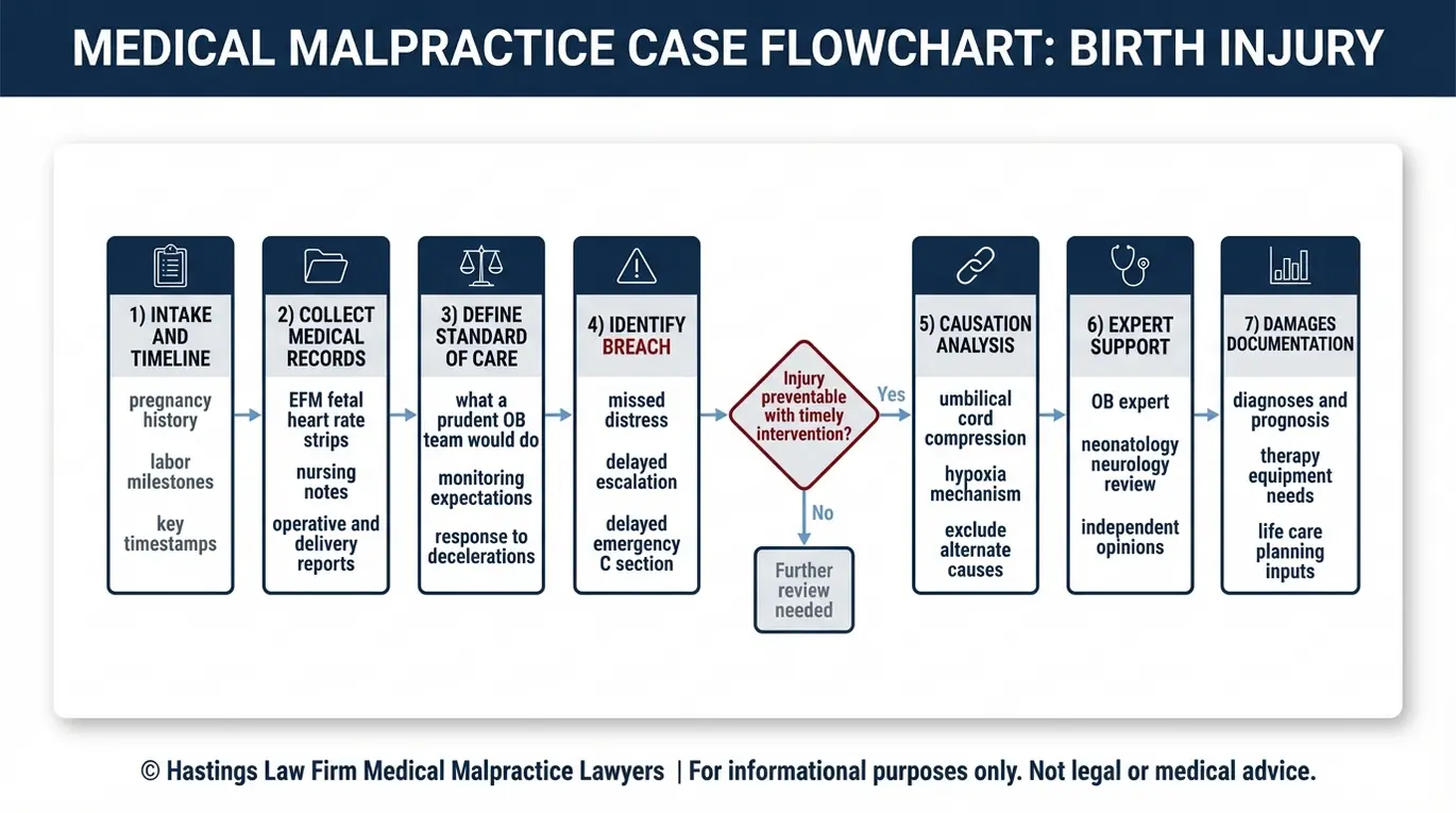 Process flowchart showing how a Texas Nuchal Cord Malpractice Lawyer proves liability using fetal heart rate strips medical records standard of care breach causation expert testimony and damages documentation.