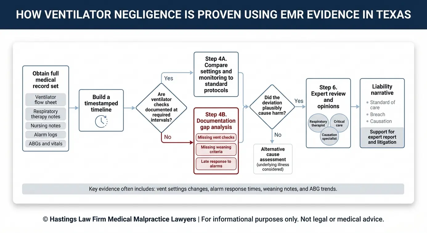 Diagrama de flujo que muestra cómo un abogado especializado en casos de mala gestión de respiradores Texas utiliza los registros cronológicos de los expedientes médicos electrónicos (EMR), las lagunas en la documentación y los testimonios de expertos para demostrar la negligencia en el uso de los respiradores y la relación de causalidad.
