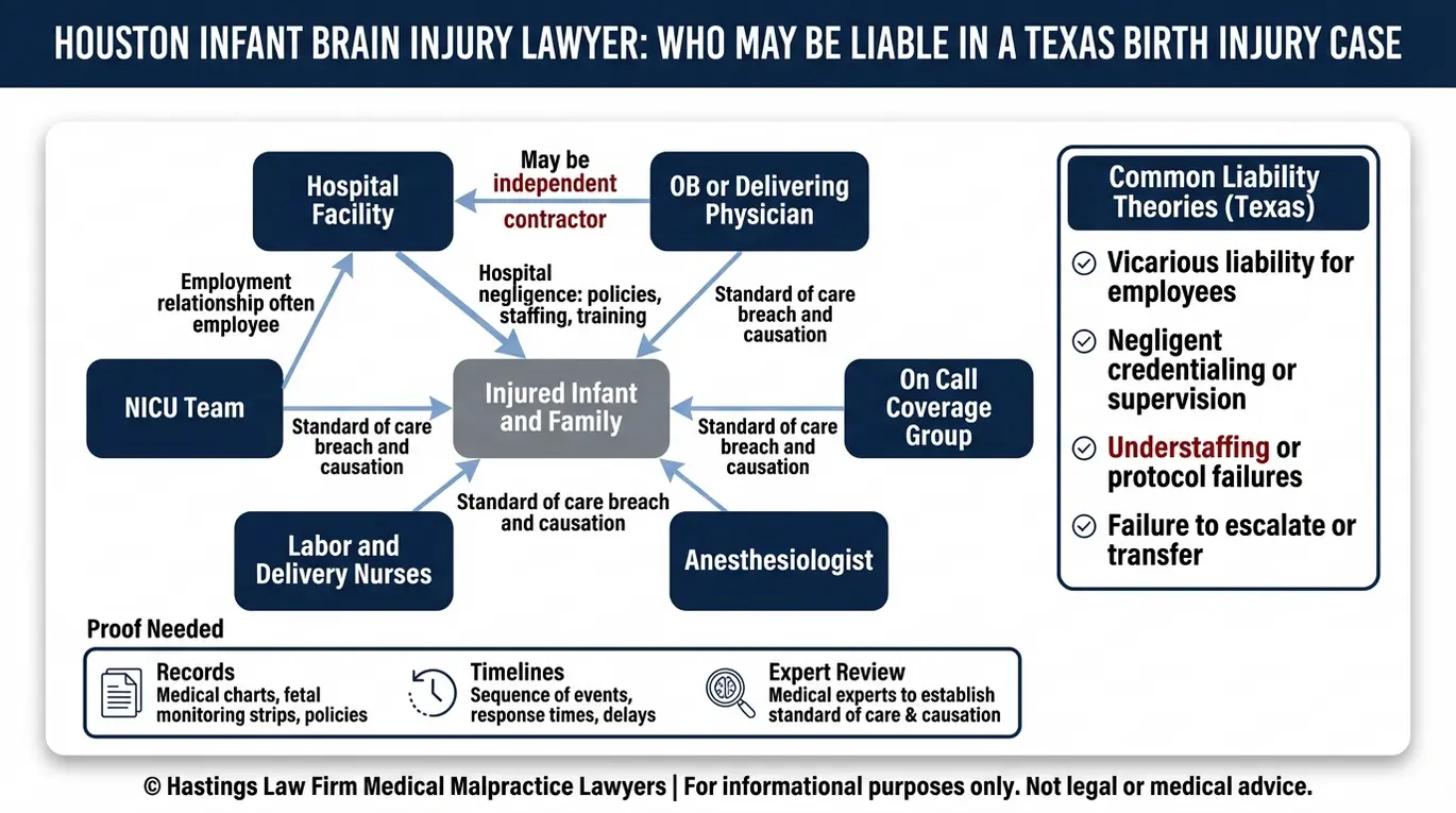 Entity relationship map for a Houston Infant Brain Injury Lawyer showing Texas birth injury liability links among hospital facility OB physician nurses anesthesiologist NICU team and on call groups with key liability theories.