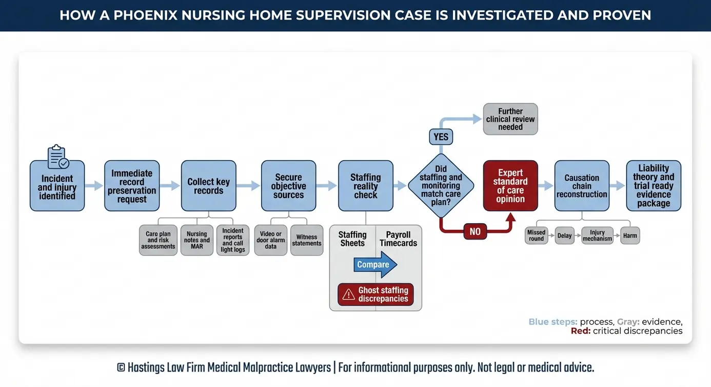 Diagrama de flujo que muestra cómo un Abogado de Supervisión de Asilo de Ancianos de Phoenix investiga la supervisión negligente usando planes de cuidado registros de personal comparaciones de nómina datos de video y revisión experta de estándar de cuidado.