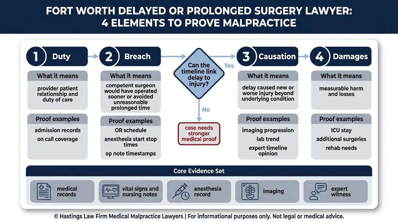 Process flowchart showing the four negligence elements and key evidence used by a Fort Worth Delayed or Prolonged Surgery Lawyer to prove duty breach causation and damages.