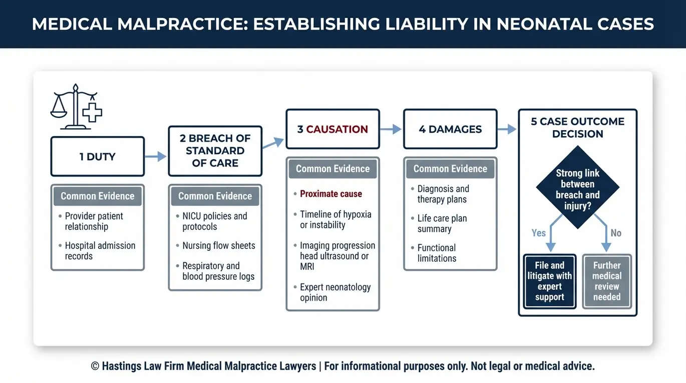 Process flowchart showing how a Texas Intraventricular Hemorrhage Malpractice Lawyer proves duty breach causation and damages using medical records imaging timelines and expert testimony.