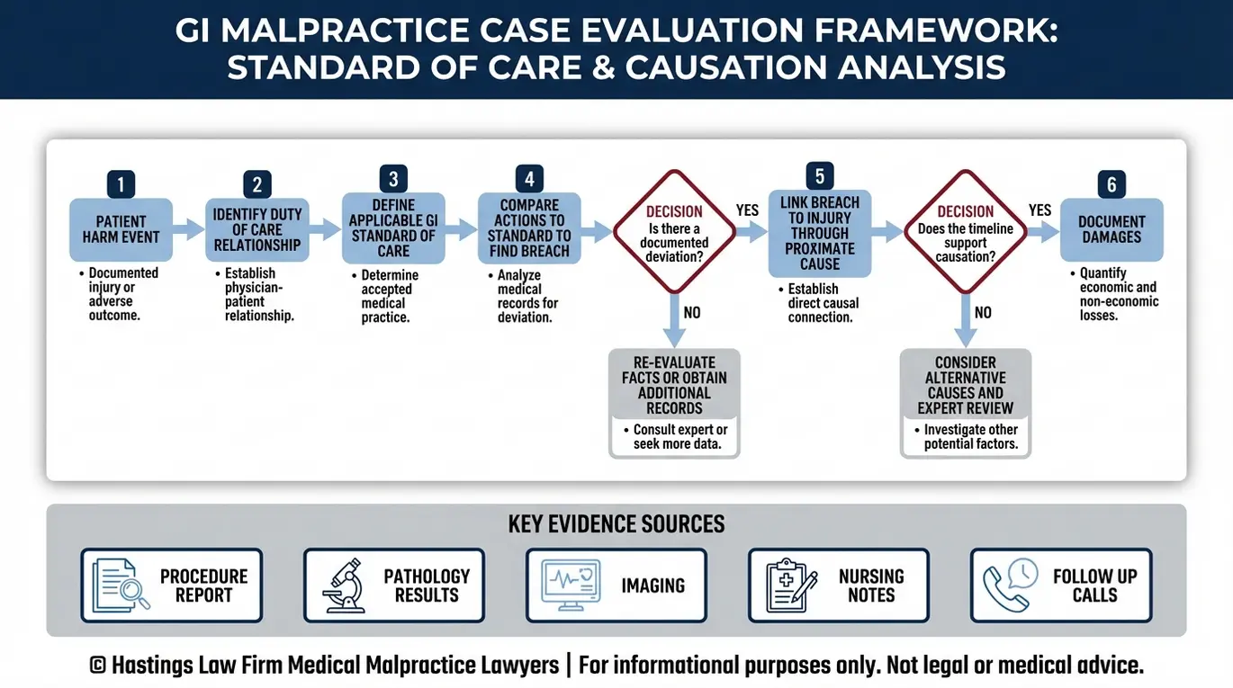 Diagrama de flujo que muestra cómo un abogado especializado en negligencia médica de gastroenterólogos Texas demuestra el incumplimiento del deber, la causalidad y los daños y perjuicios utilizando las cronologías de los expedientes médicos y los puntos de referencia de los testimonios de los peritos.
