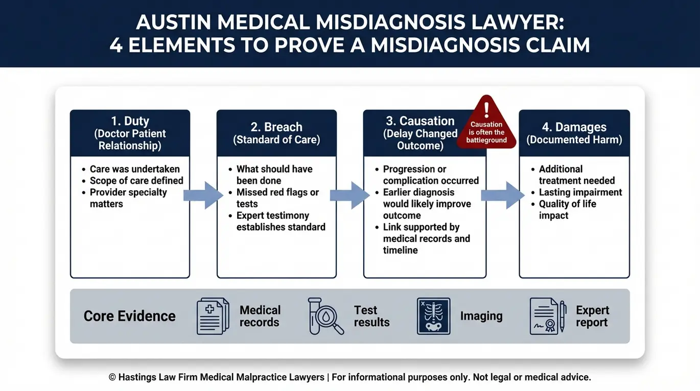 Diagrama de flujo para un abogado especializado en casos de diagnóstico erróneo en Austin que ilustra los cuatro elementos de la responsabilidad civil —obligación, incumplimiento, causalidad y daños— junto con los principales tipos de pruebas.