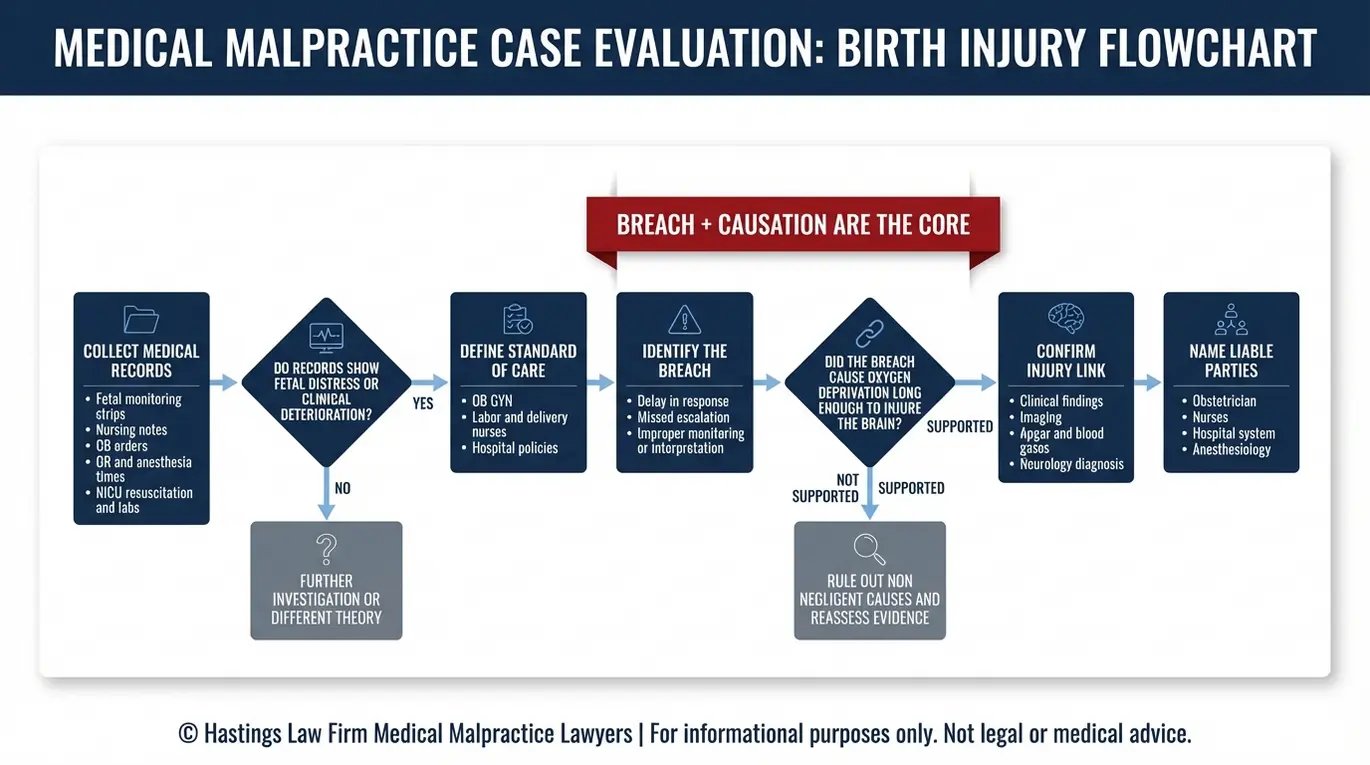 Process flowchart showing how a Texas Hypoxic Ischemic Encephalopathy Lawyer proves standard of care breach causation medical records support and liable parties in an HIE claim.