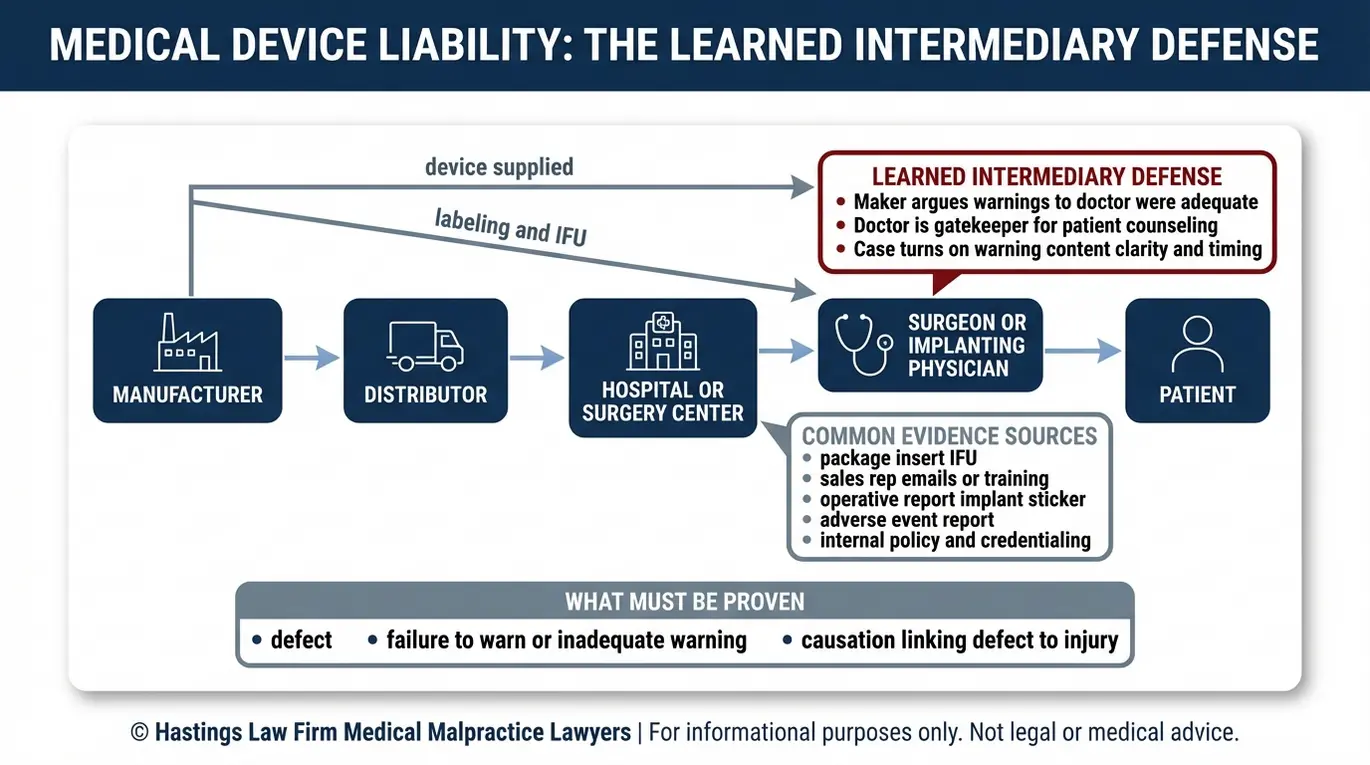 Diagrama de relaciones entre entidades que muestra la cadena de distribución y la vía de alerta de los intermediarios informados, utilizado por un abogado especializado en dispositivos médicos defectuosos de Arizona para demostrar la responsabilidad del fabricante y la relación de causalidad.