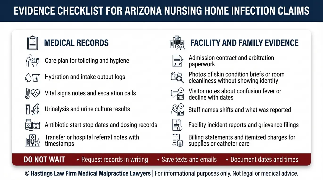 Lista de verificación de dos columnas con los expedientes médicos y la documentación familiar que utiliza un abogado especializado en infecciones en hogares de ancianos de Arizona para demostrar la responsabilidad por negligencia en casos de infección urinaria y sepsis.