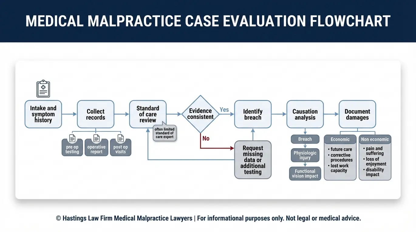 Diagrama de flujo que muestra cómo un abogado especializado en negligencia médica en cirugía refractiva de Arizona demuestra el incumplimiento del estándar de atención, la causalidad y los daños y perjuicios en una demanda por negligencia médica en cirugía refractiva.