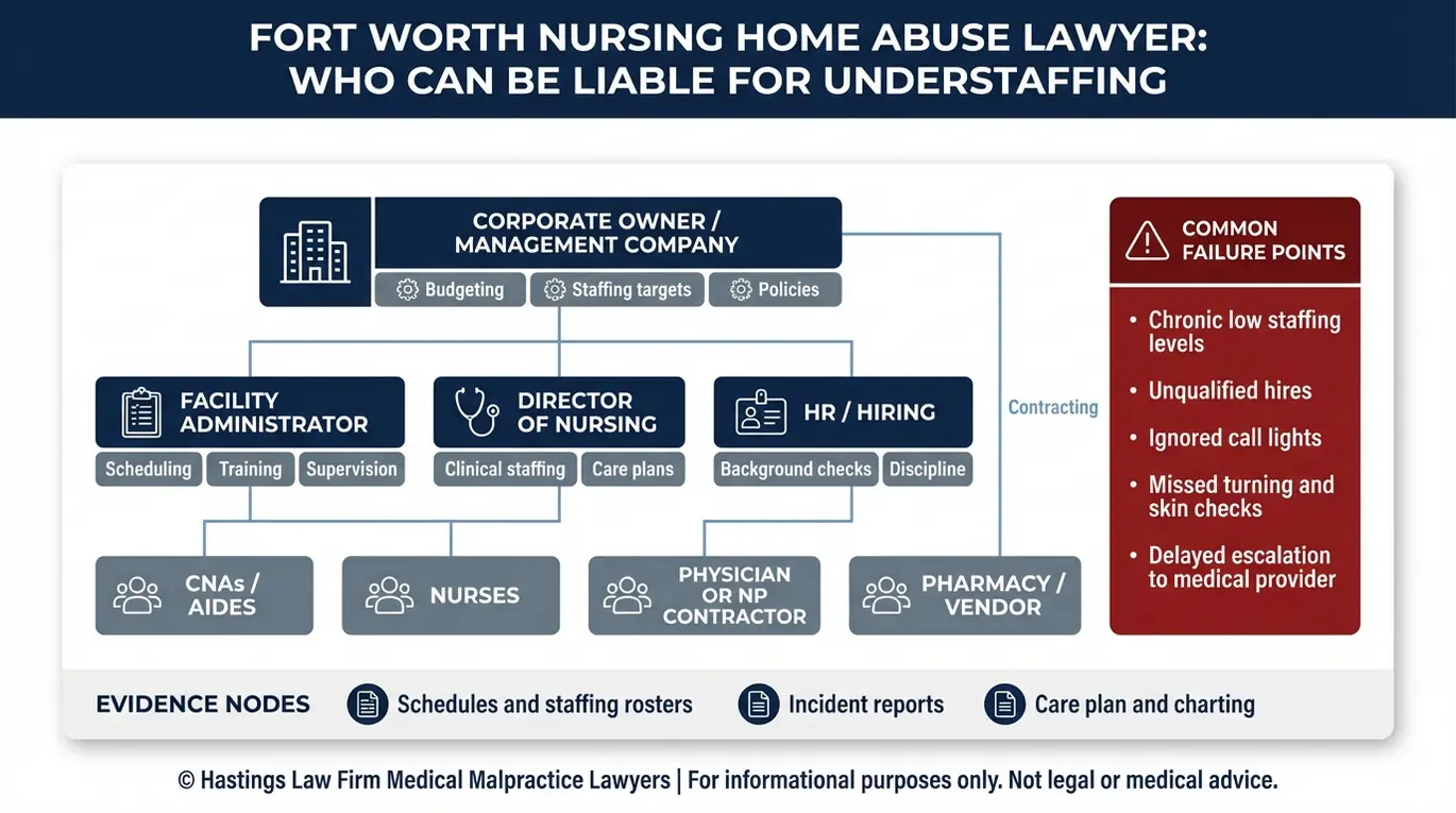 Entity relationship map of corporate owner facility leadership staff and contractors showing potential liability paths in a Fort Worth Nursing Home Abuse Lawyer understaffing claim.