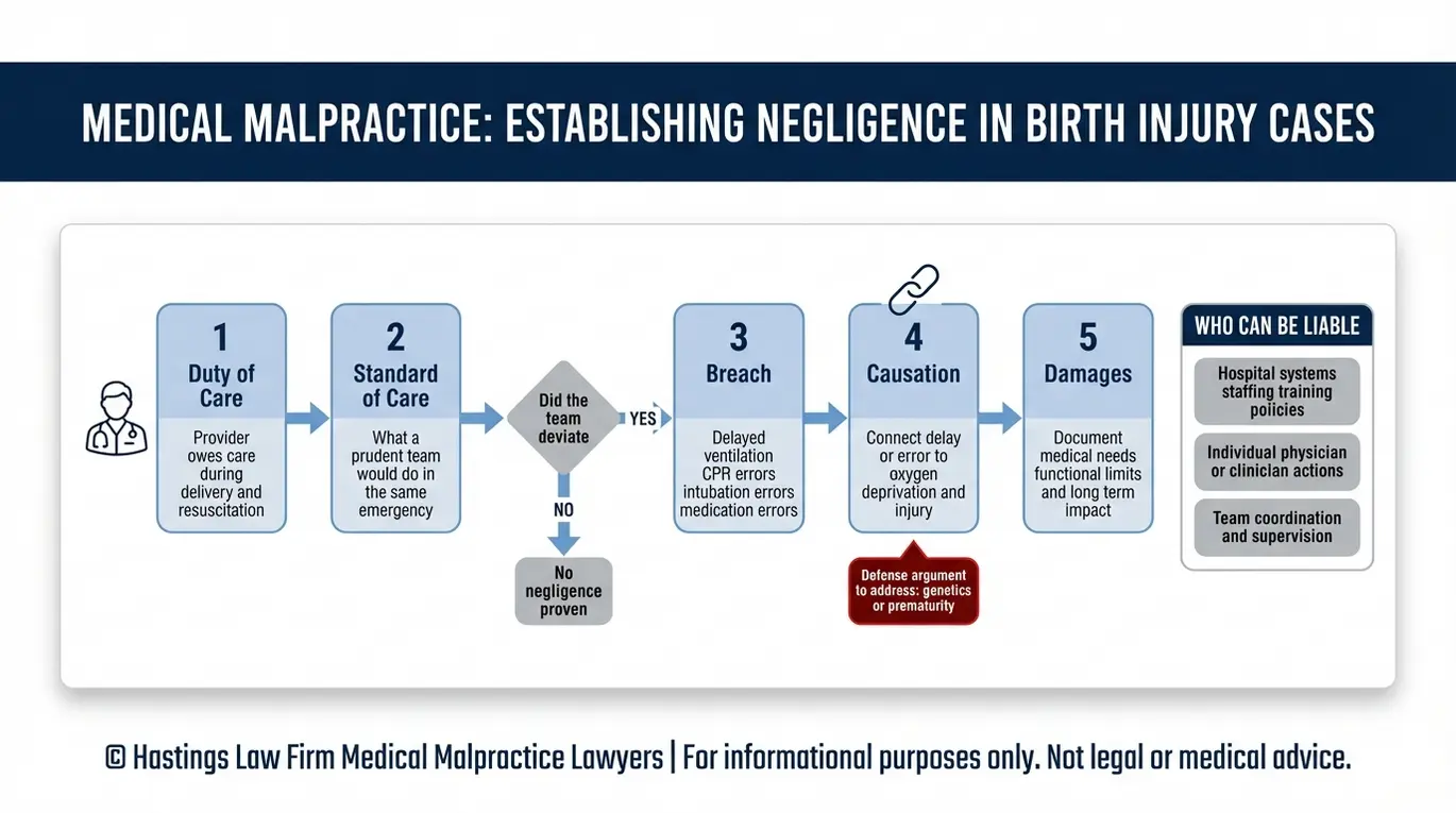 Process flowchart showing how a Texas Infant Resuscitation Error Lawyer proves duty standard of care breach causation and damages and identifies hospital versus individual liability.