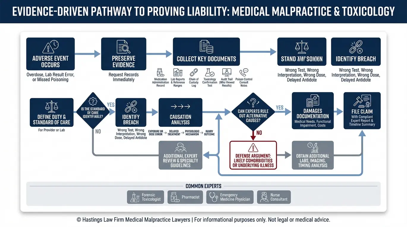 Process flowchart for a Texas Toxicologist Malpractice Lawyer outlining evidence collection expert review standard of care breach causation and damages steps to prove toxicology malpractice.