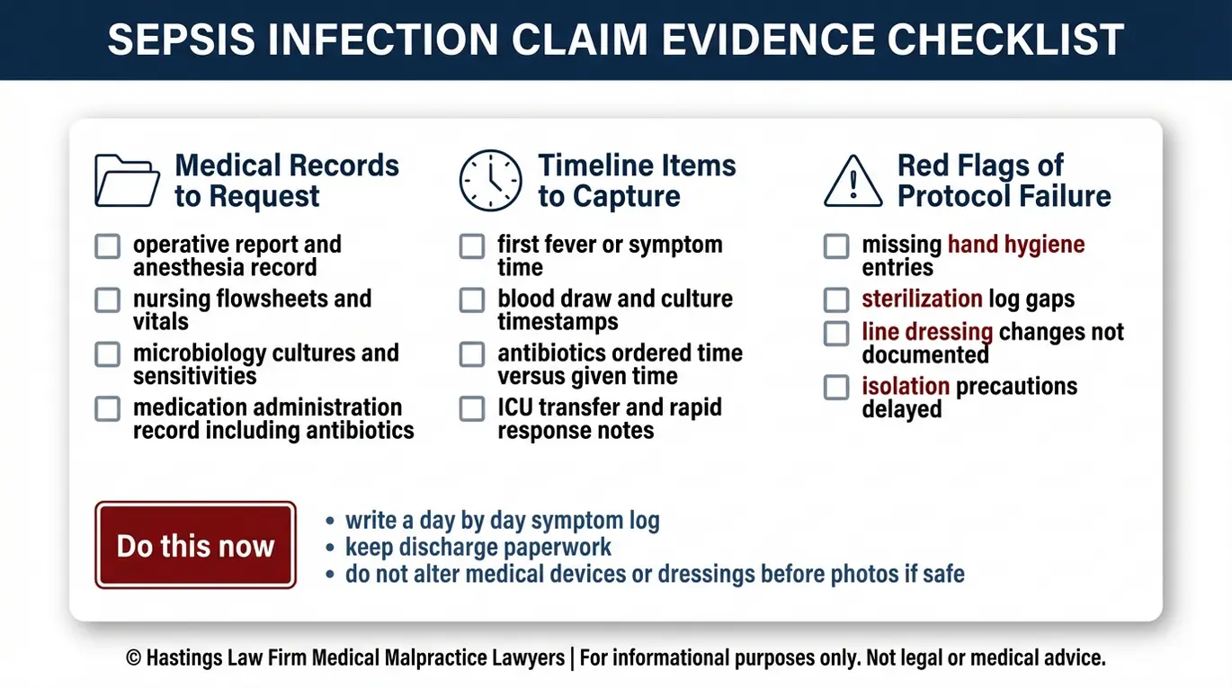Warning checklist for sepsis evidence and red flags an Arizona Hospital Infection Lawyer reviews to prove liability for a hospital acquired infection.