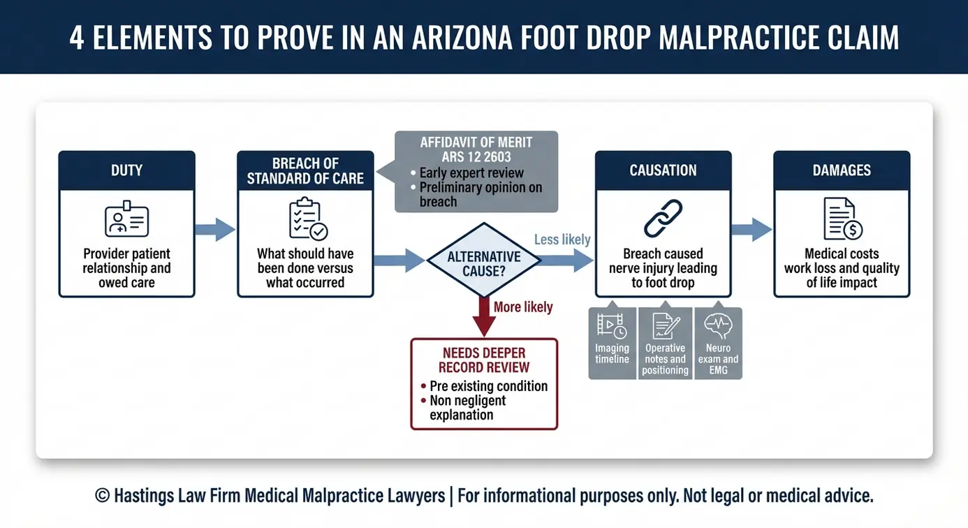 Flowchart outlining duty breach causation and damages plus affidavit of merit steps used by an Arizona Drop Foot Lawyer to prove medical malpractice liability.